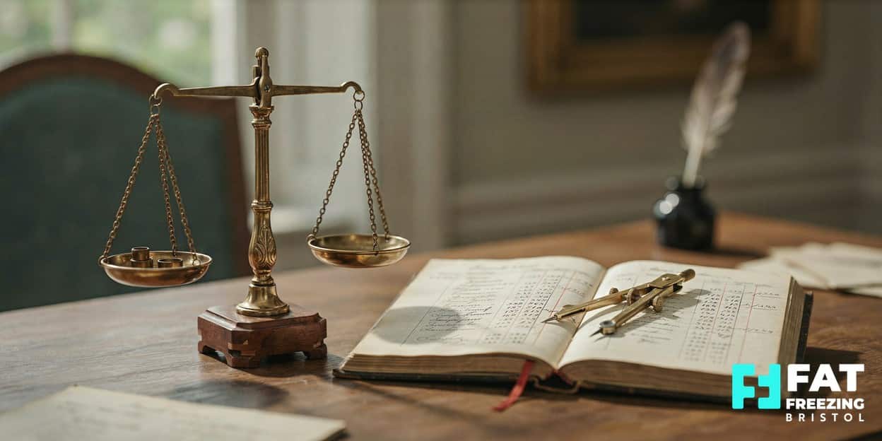 A vintage brass balance scale beside an open antique ledger of handwritten population statistics and a brass compass on a desk in warm daylight, reflecting BMI’s 19th-century statistical origins