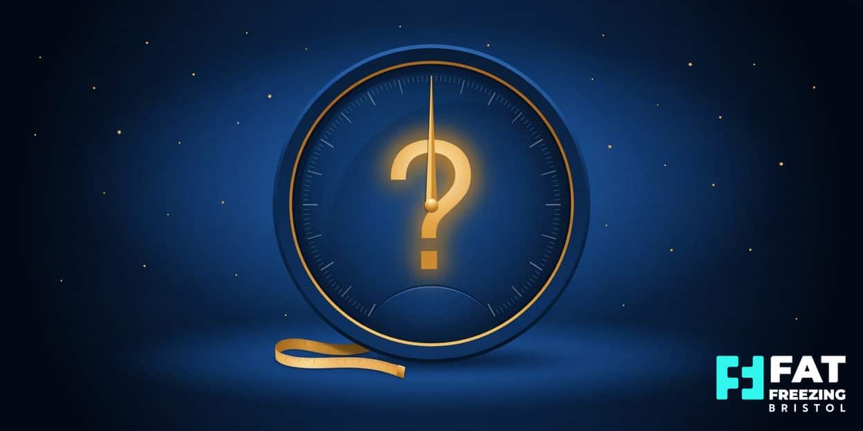 A flat-vector illustration of a weighing-scale dial showing a glowing gold question mark instead of a number, on a midnight-blue background, reflecting the limits of BMI as a health measure
