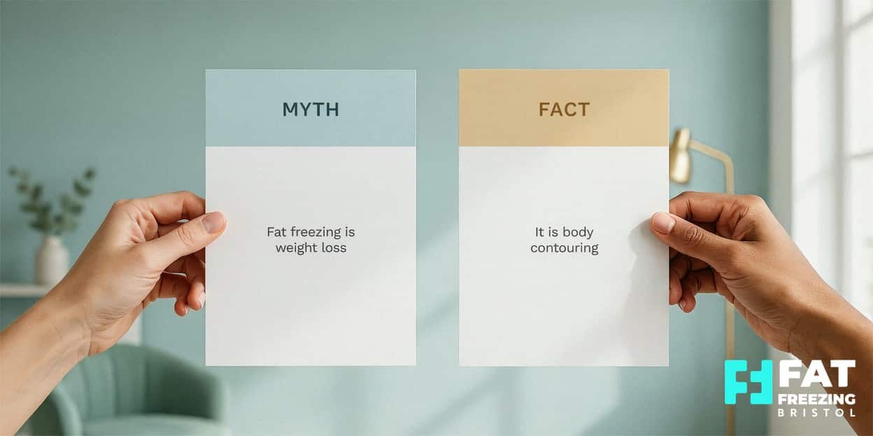 Two held cards side by side — a blue MYTH card reading “fat freezing is weight loss” and a gold FACT card reading “it is body contouring” — illustrating the core cryolipolysis misconception