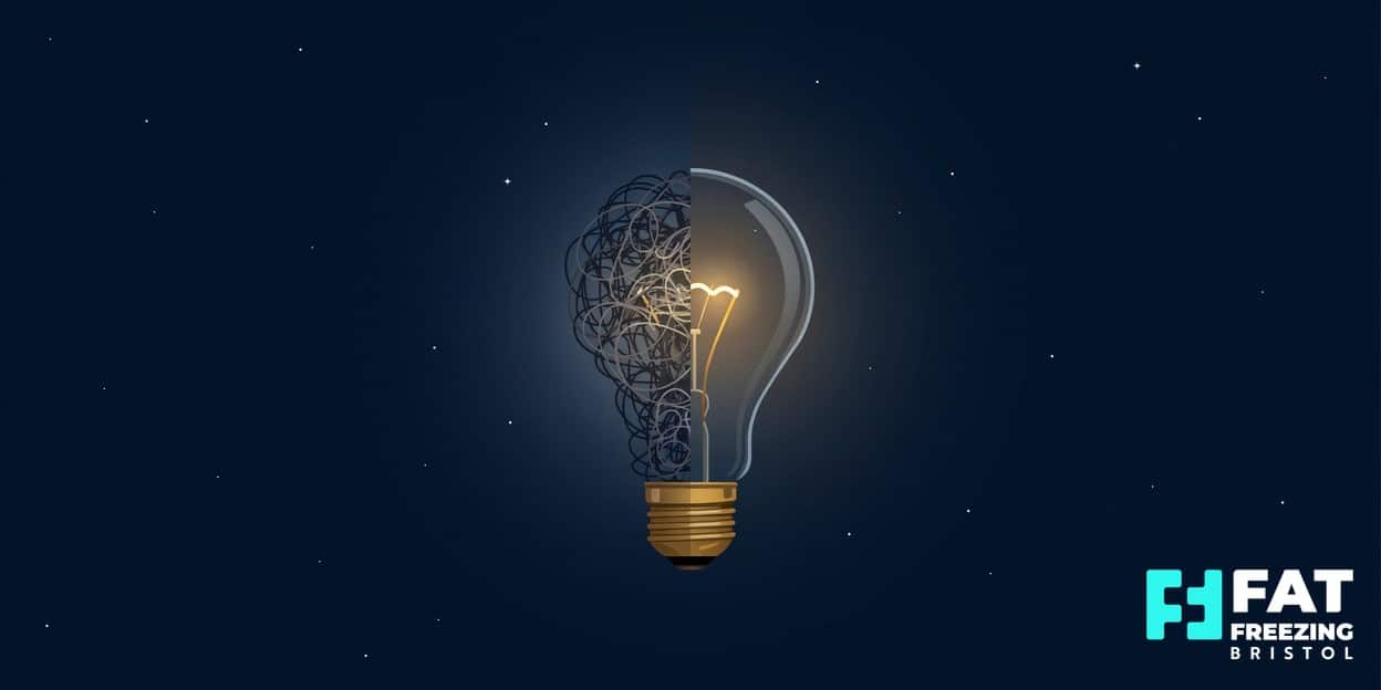 Split lightbulb illustration showing a tangled grey myth half and a clear glowing golden truth half, the visual mission of fat freezing myth-busting at our Bristol clinic