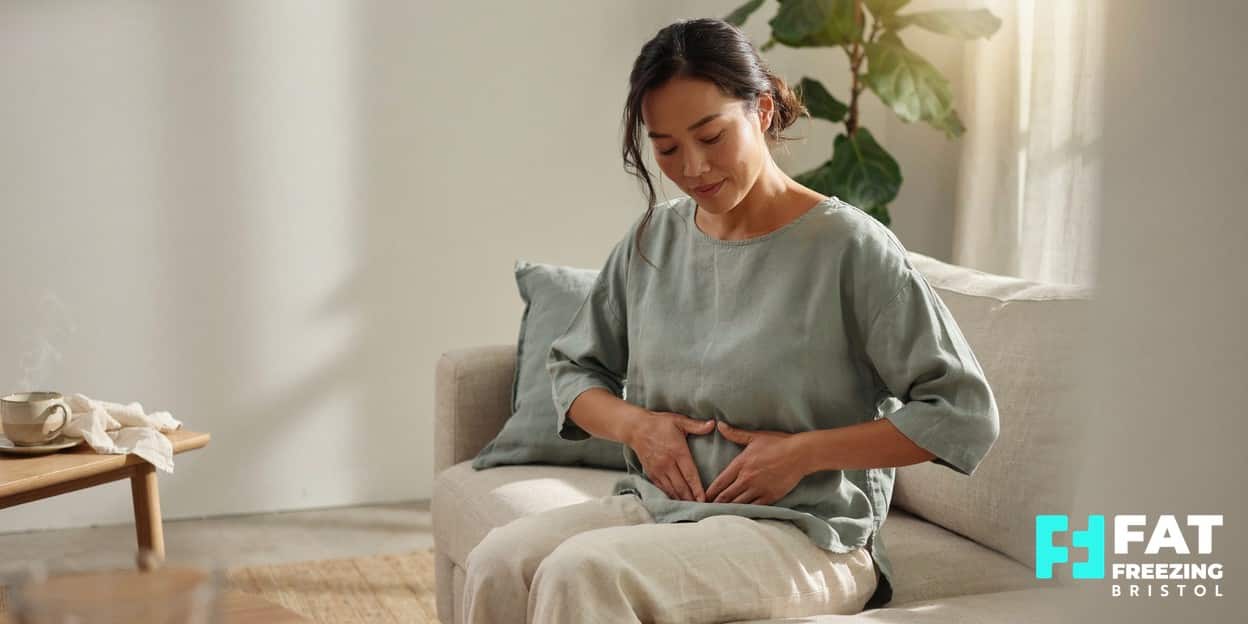 A person gently self-massaging their midriff over clothing while seated on a sofa, illustrating the recommended at-home aftercare massage following a cryolipolysis session
