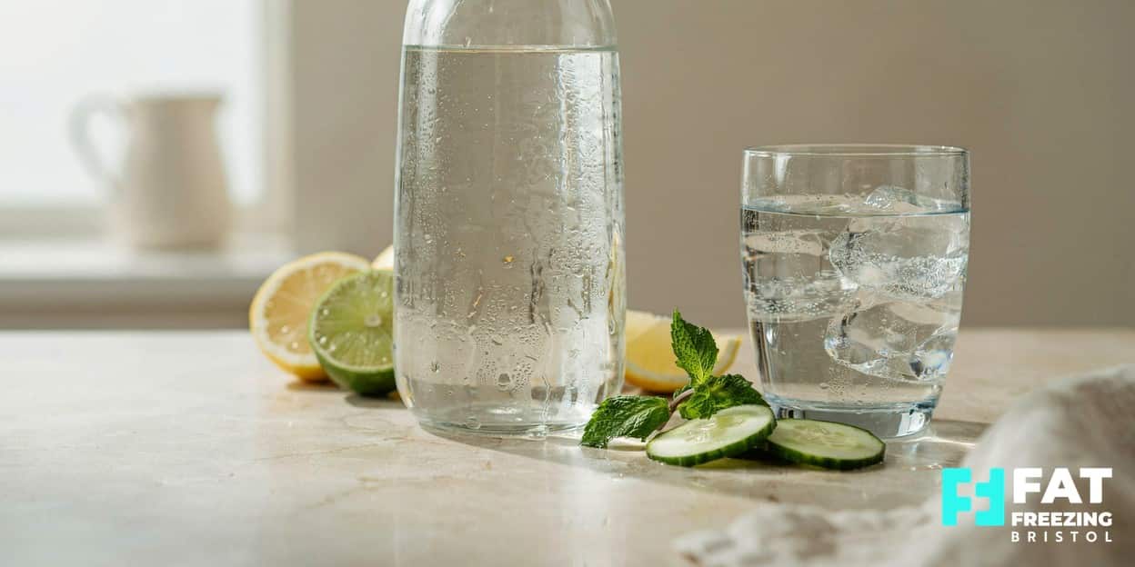 A still-life of a water carafe and glass with mint and citrus on a bright kitchen counter, illustrating the hydration central to fat freezing aftercare