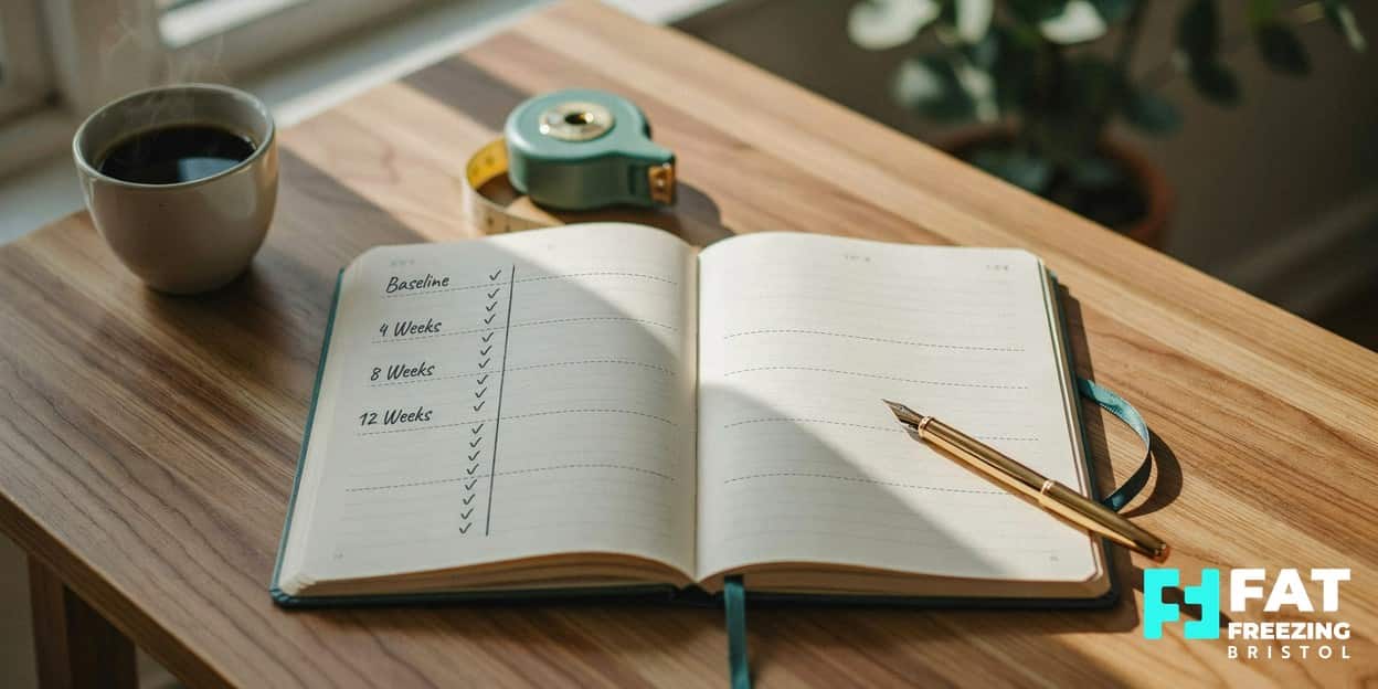 An open progress journal showing milestone columns for Baseline, 4 Weeks, 8 Weeks and 12 Weeks with a gold pen and tape measure beside it, the recommended tracking approach after fat freezing