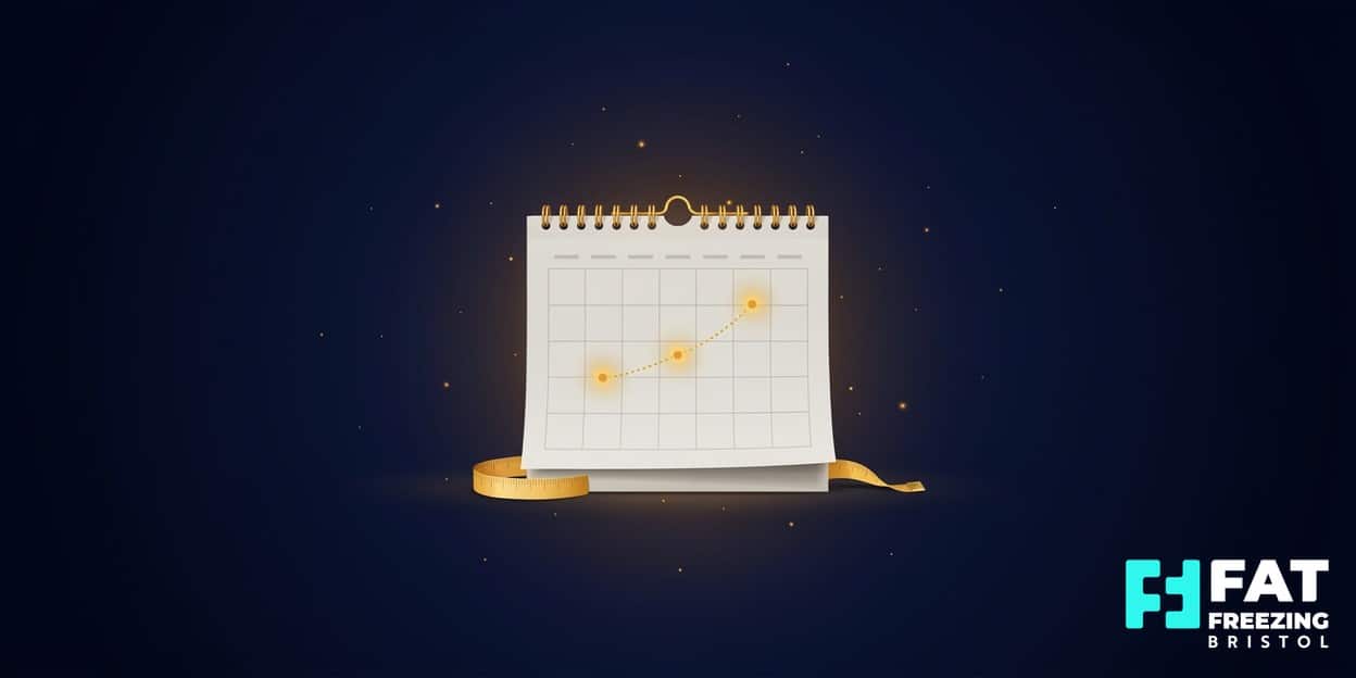 Illustrated calendar with a rising golden progress line and a curled tape measure, representing how patients at our fat freezing clinic in Bristol track their results over weeks
