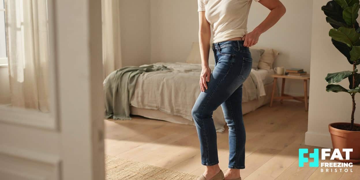 Person pulling out the looser waistband of their jeans with one hand and glancing down with satisfaction, showing a fat freezing result maintained through a stable lifestyle