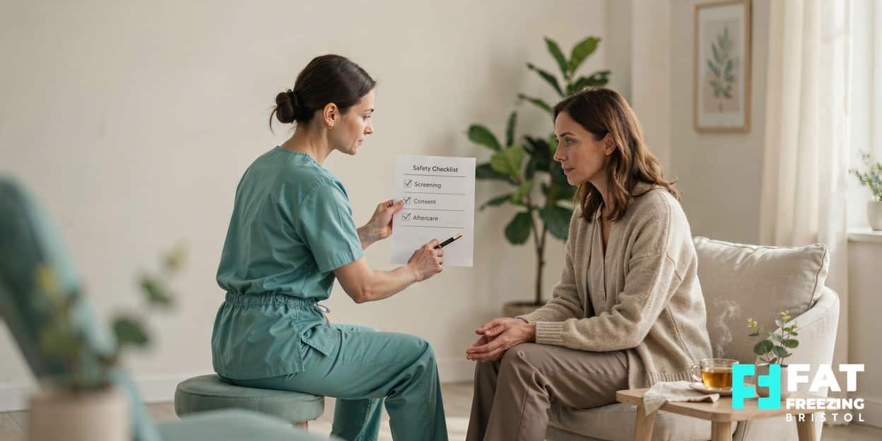 Practitioner pointing to a printed safety checklist with ticked items for Screening, Consent and Aftercare while explaining cryolipolysis safety to a client