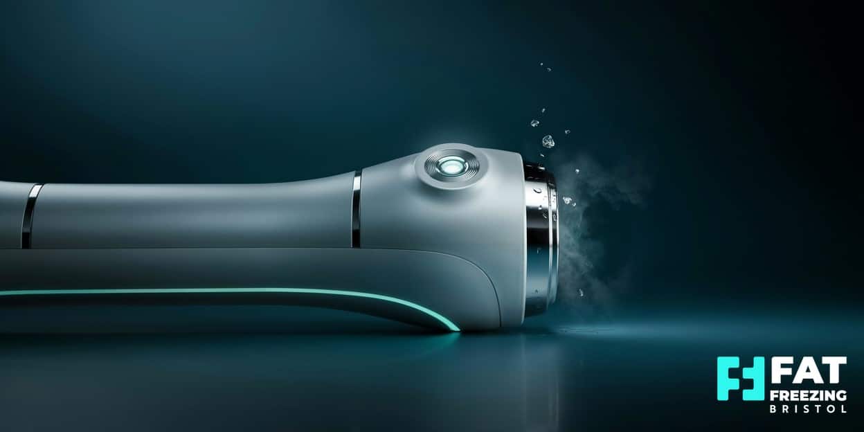 Photorealistic 3D render of a fat freezing cooling applicator head with a glowing temperature sensor and teal readout arc, showing the safety cut-off that protects skin during treatment