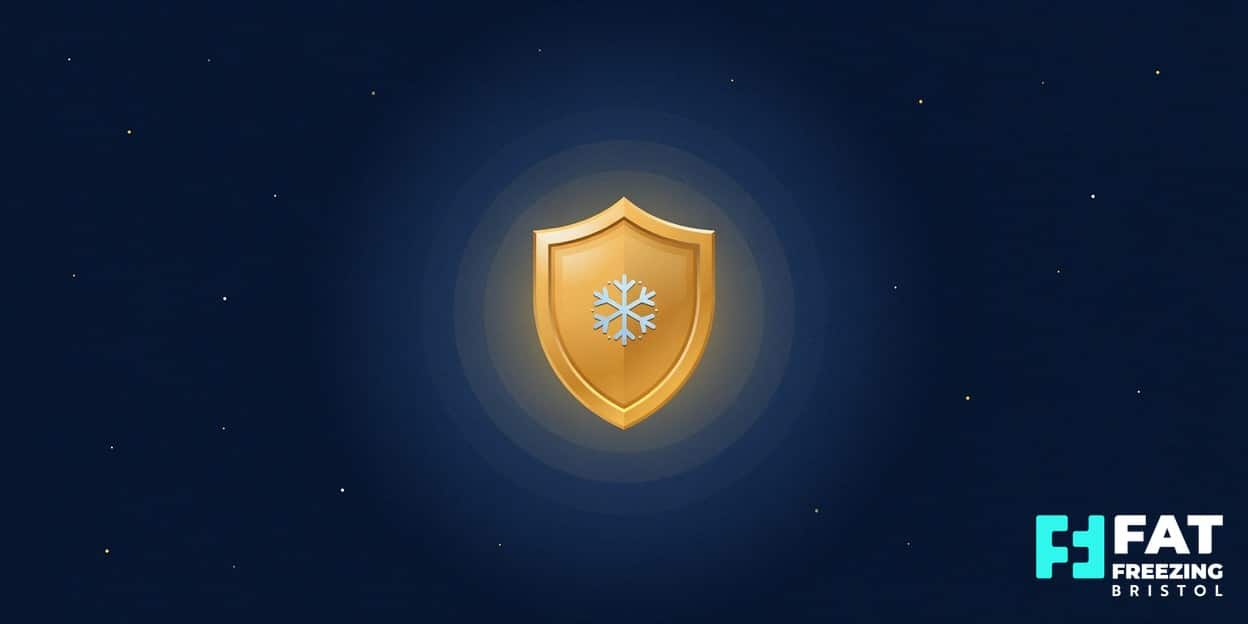 Glowing golden shield with a pale-blue snowflake at its centre on a midnight-blue background, representing the safety record of fat freezing at our Bristol clinic