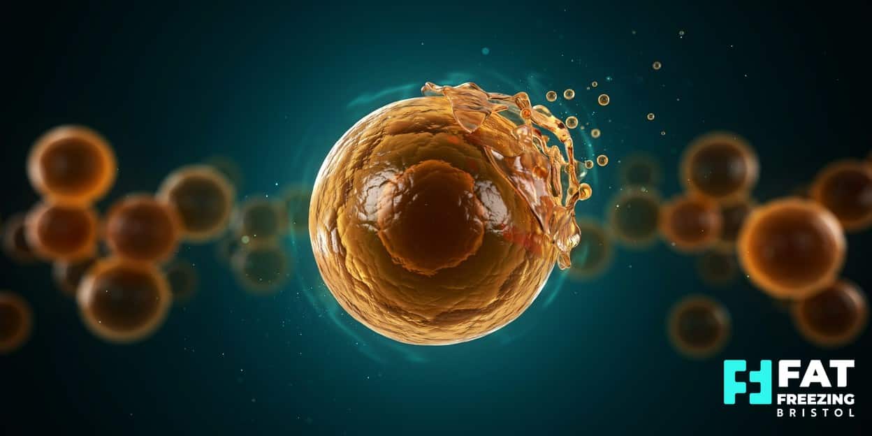A 3D scientific render of a fat cell membrane dissolving into lacy fragments as teal droplets of solution release golden lipid spheres, depicting how Aqualyx destroys fat cells