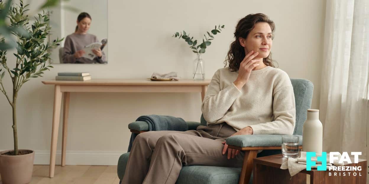A woman in a modern clinic lightly touching her jawline and under-chin as she considers a precise fat reduction treatment area