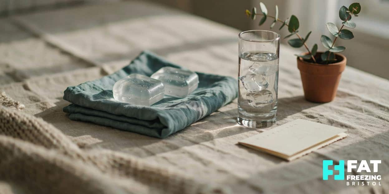 A calm bedside still-life with frosted cool-pack discs, a glass of iced water, a eucalyptus sprig and a folded calendar card, evoking gentle recovery after Aqualyx or fat freezing