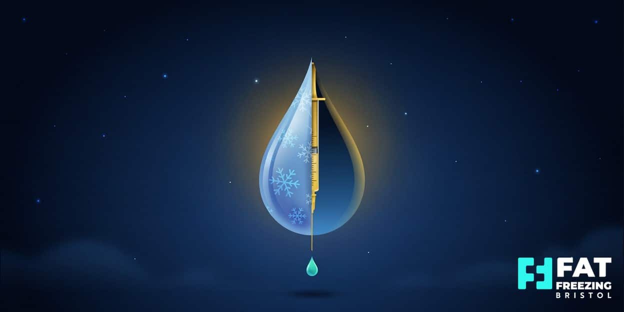 A flat-vector illustration on a midnight-blue background of a glowing teardrop split into a frosted snowflake half and a golden syringe half, representing the fat freezing vs Aqualyx choice available at Fat Freezing Bristol