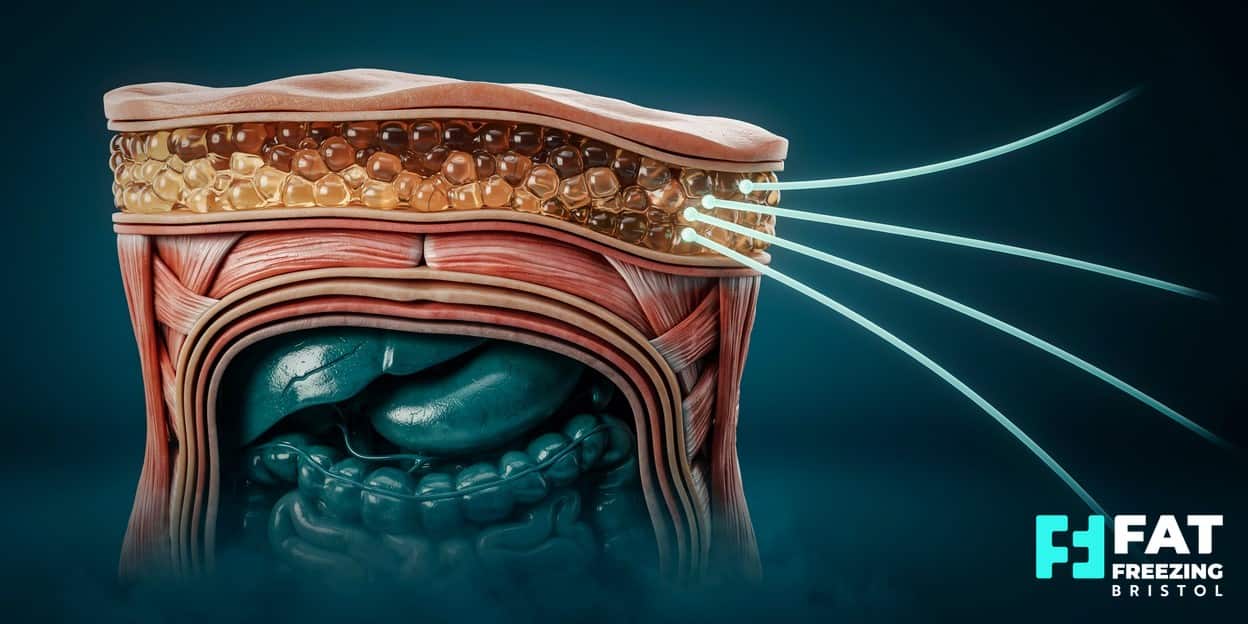 Photorealistic 3D anatomical cross-section illustrating the distinct layers of skin, golden subcutaneous fat, abdominal muscle and deeper visceral fat — showing why fat freezing targets subcutaneous deposits