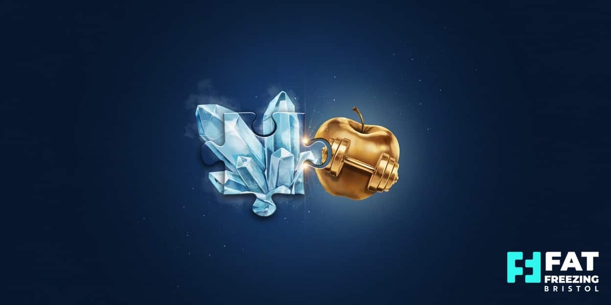 Illustration of two jigsaw puzzle pieces — a frosty ice crystal representing fat freezing and a golden apple with a dumbbell representing healthy living — clicking together on a midnight-blue background, as seen at Fat Freezing Bristol