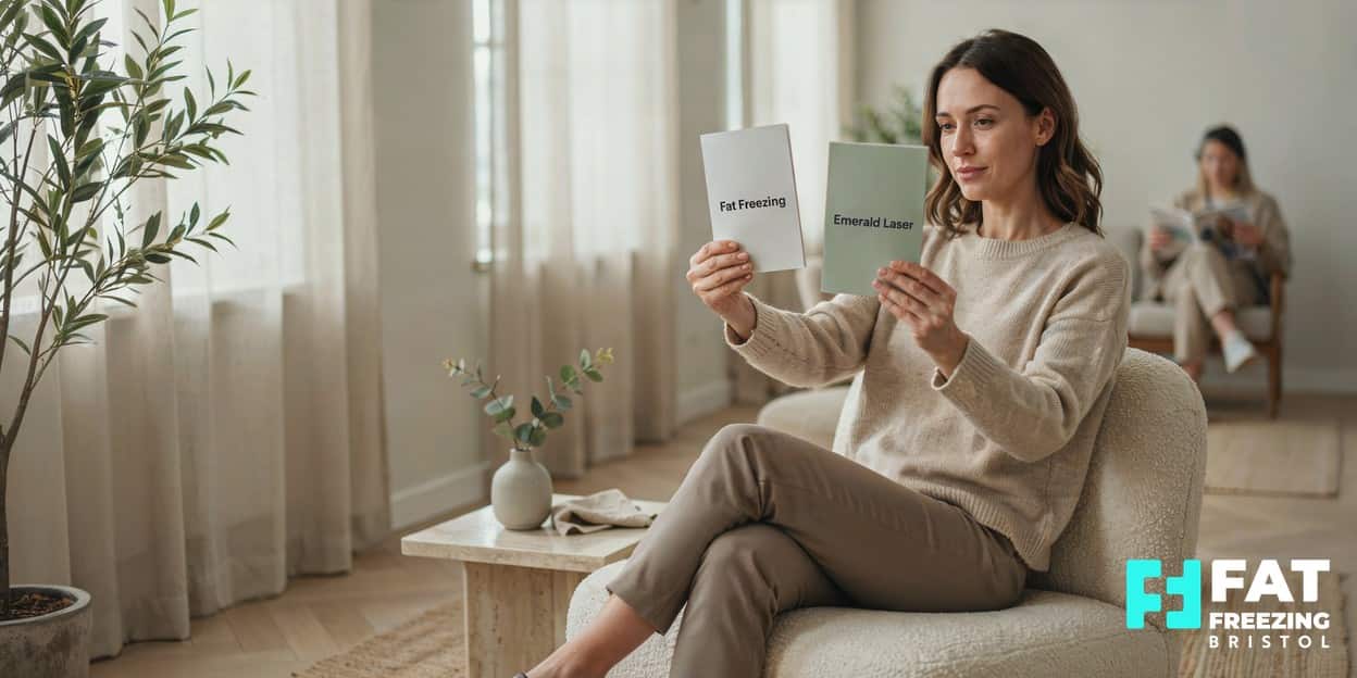 A woman seated in a modern clinic comparing two pamphlets, one reading Fat Freezing and the other Emerald Laser, deciding between treatment options