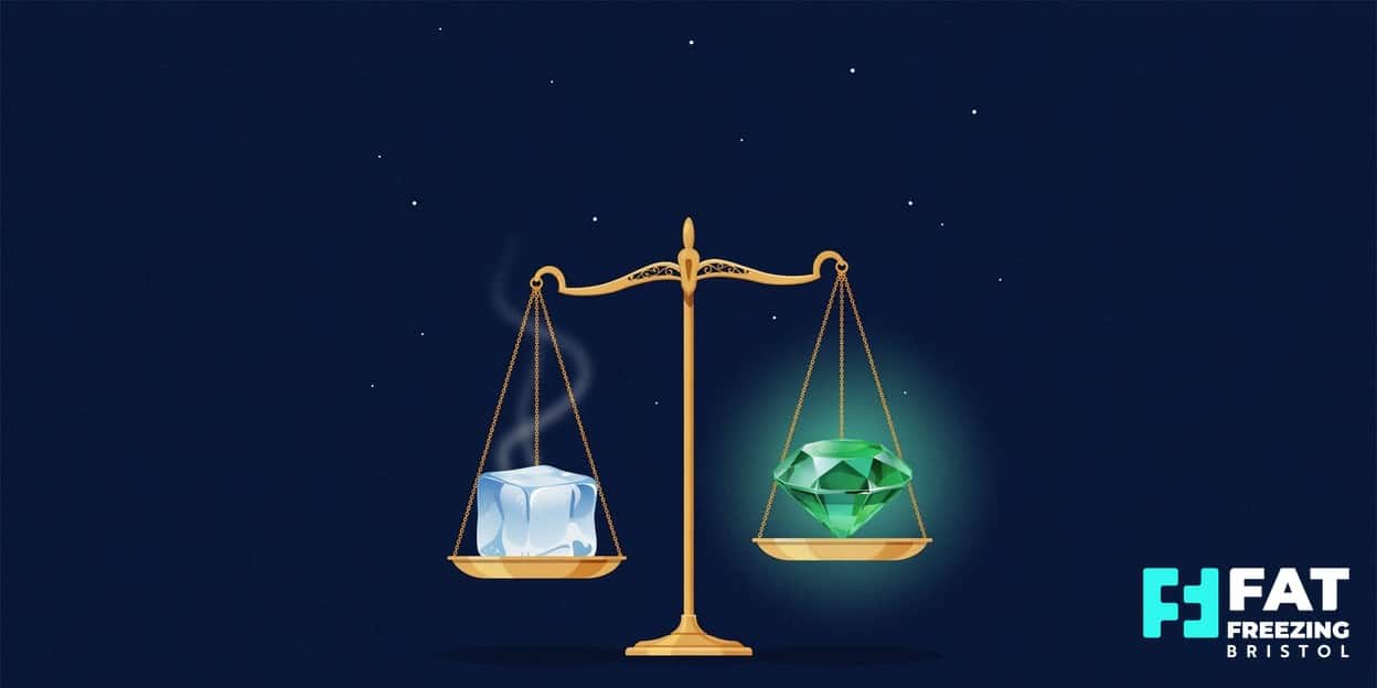 An illustration of balanced golden scales weighing a blue ice cube against a glowing green emerald gemstone — comparing fat freezing and Emerald Laser at a Bristol aesthetics clinic