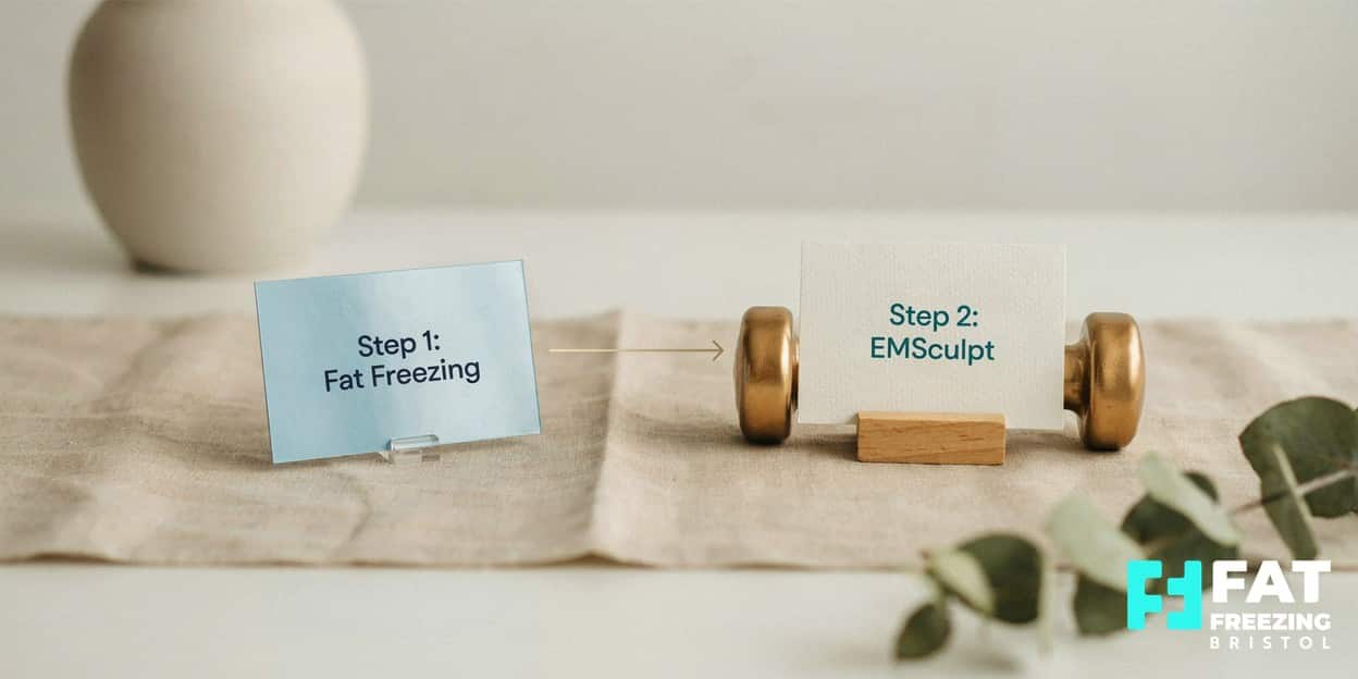 A still-life treatment-plan timeline showing a frosted cool element labelled step one fat freezing leading by arrow to a golden dumbbell labelled step two EMSculpt, mapping the combined approach