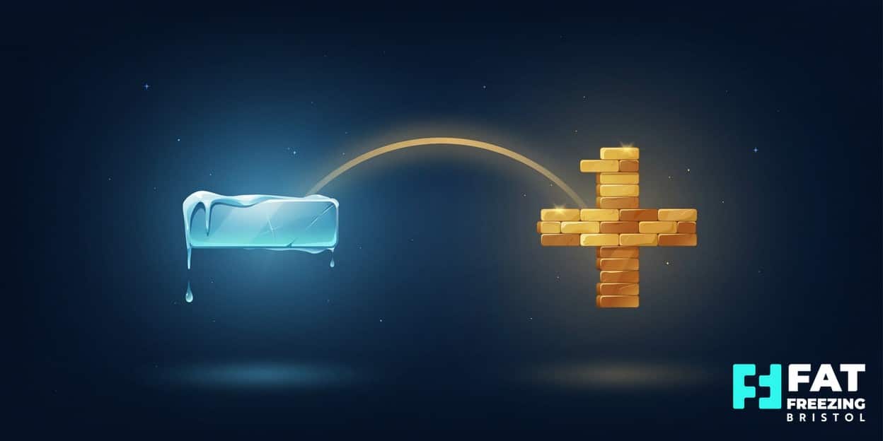 A flat-vector illustration on a midnight-blue background of a frosted minus symbol losing a droplet beside a plus symbol built from stacked golden bricks, representing fat freezing versus EMSculpt in Bristol