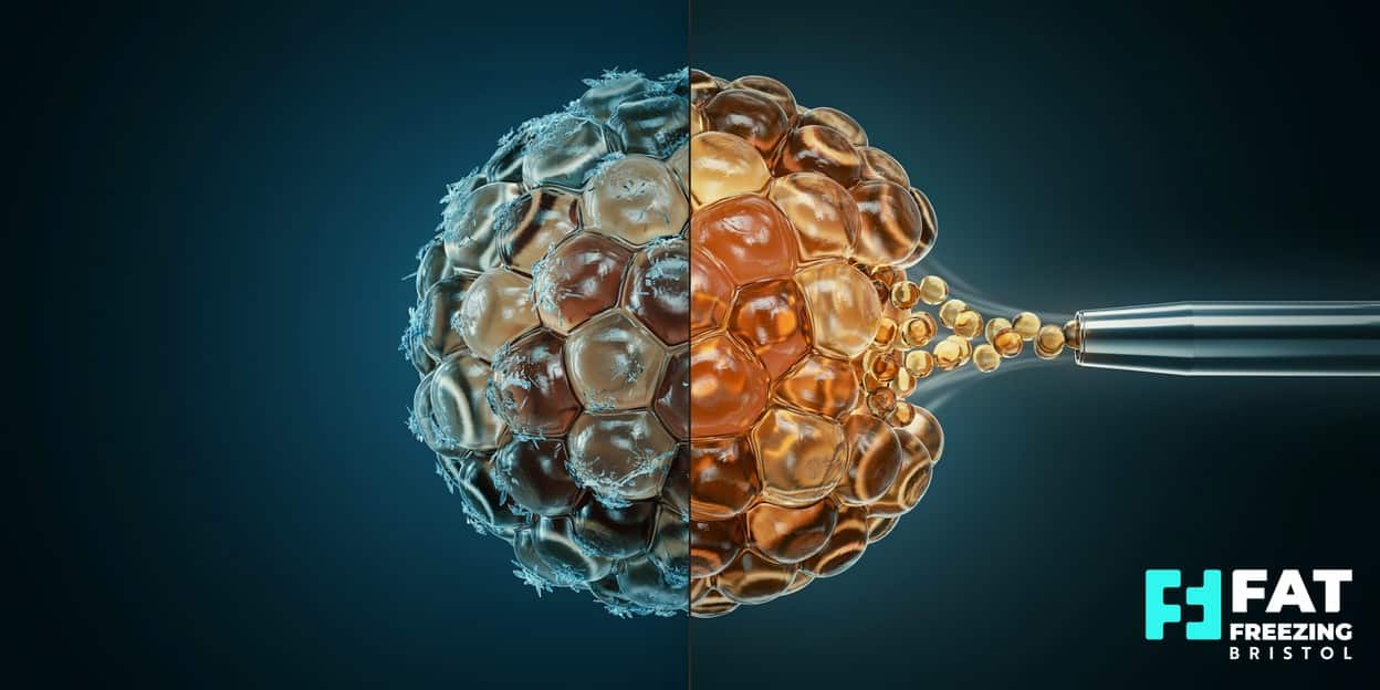 A split 3D scientific render contrasting fat cells under a gentle cooling glow on one side with a slim cannula drawing fat cells away on the other, showing how fat freezing differs from liposuction