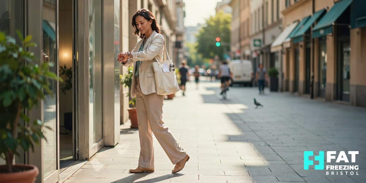 A relaxed adult stepping out of a clinic onto a sunny street mid-stride, glancing at a wristwatch with an easy smile, suggesting zero downtime after fat freezing