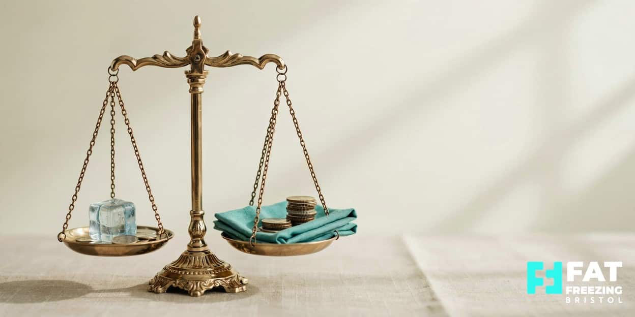 A brass weighing scale balancing a frosted ice cube with a few coins against a folded surgical cloth with a larger stack of coins, weighing the cost and commitment of fat freezing versus liposuction