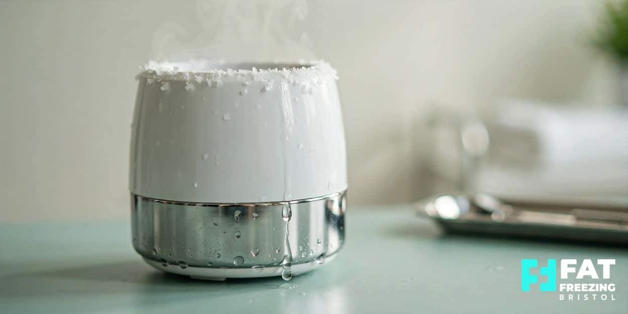 A close-up of a frosted fat-freezing applicator cup with cold vapour and condensation on a mint clinic surface, showing the cryolipolysis equipment used in a fat freezing treatment