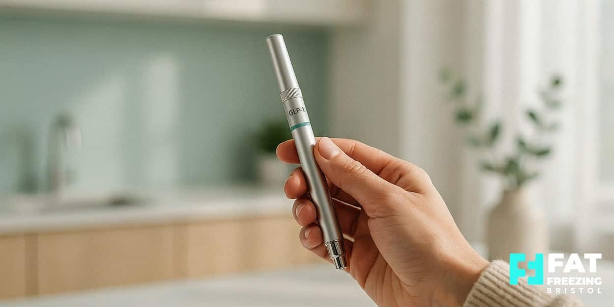 A close-up of a hand holding a sleek unbranded GLP-1 weight-management injector pen in a calm clinic setting, illustrating how Mounjaro differs from a fat freezing treatment