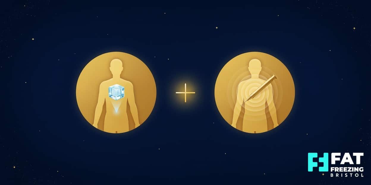 Flat-vector illustration contrasting a targeted fat-freezing ice cube and a whole-body injector pen as complementary tools, shown on a midnight-blue background — Fat Freezing Bristol
