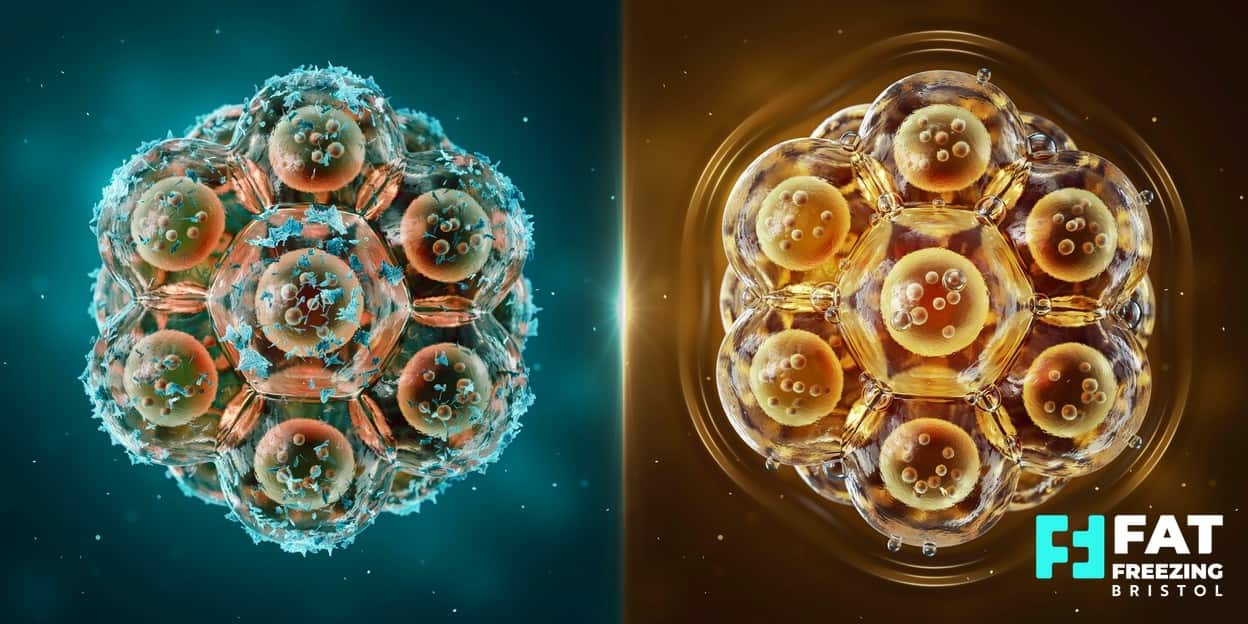 A split 3D scientific render comparing frost-rimmed fat cells on the left with ultrasound micro-bubbles dimpling fat cell membranes on the right, showing how fat freezing and cavitation differ