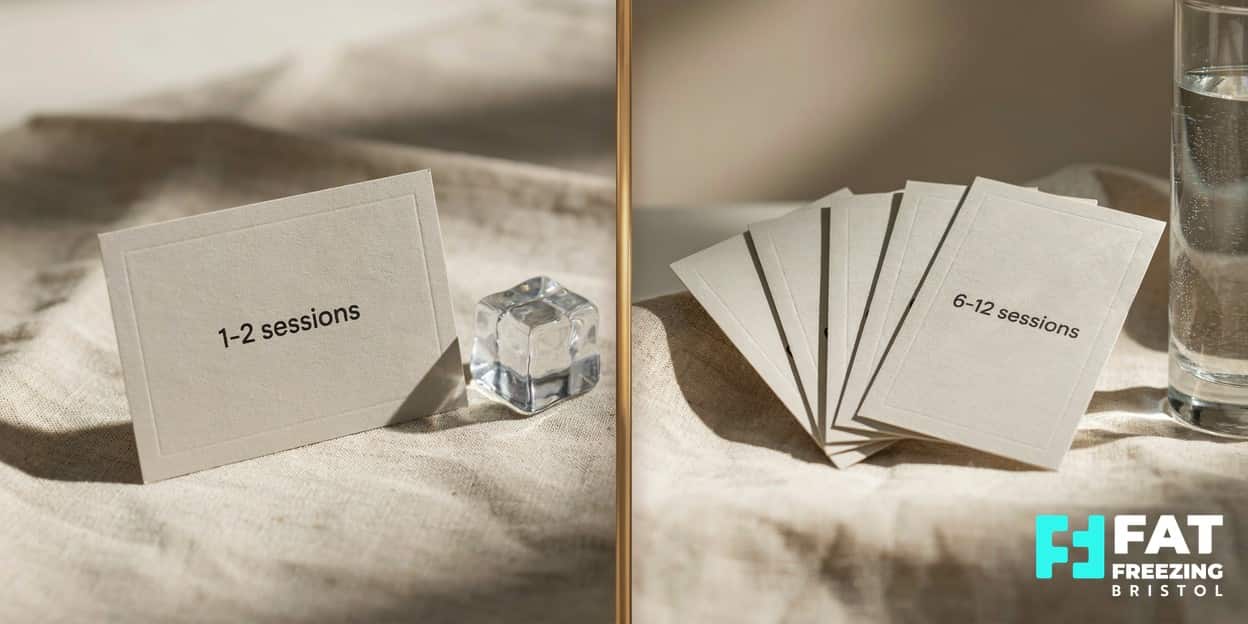 A still-life comparing one appointment card beside a single ice cube against a fan of six appointment cards beside a fizzing glass of water, illustrating why fat freezing needs fewer sessions than ultrasound cavitation