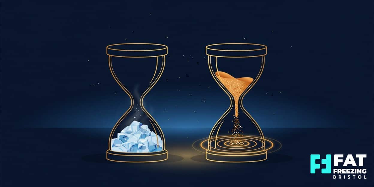 A flat-vector illustration of two golden hourglasses on a midnight-blue background, one holding settled ice crystals and one holding flowing amber sound waves, representing fat freezing versus ultrasound cavitation at a Bristol clinic