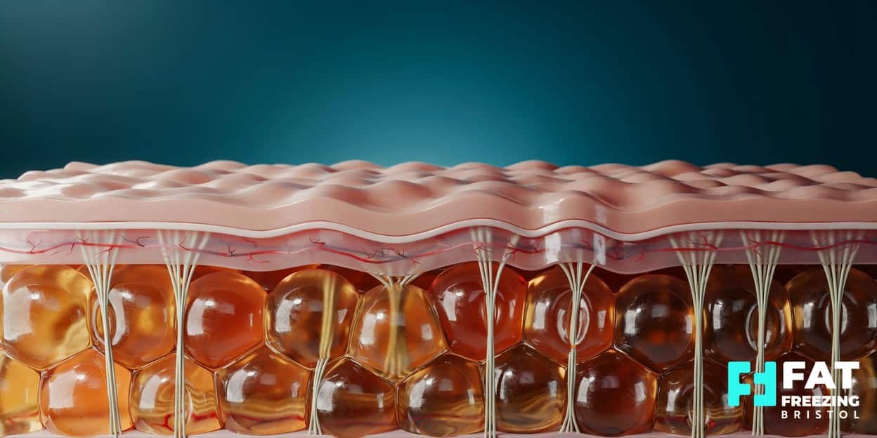 Photorealistic 3D skin cross-section showing golden fat lobules pushing against fibrous bands that tether the skin and create a dimpled cellulite surface, illustrating why fat freezing alone does not resolve cellulite texture