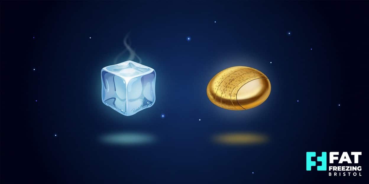 Illustration of a frosty ice cube beside a golden pebble shifting from a dimpled texture to a polished smooth surface, contrasting fat volume reduction with cellulite smoothing — as offered at a fat freezing clinic in Bristol