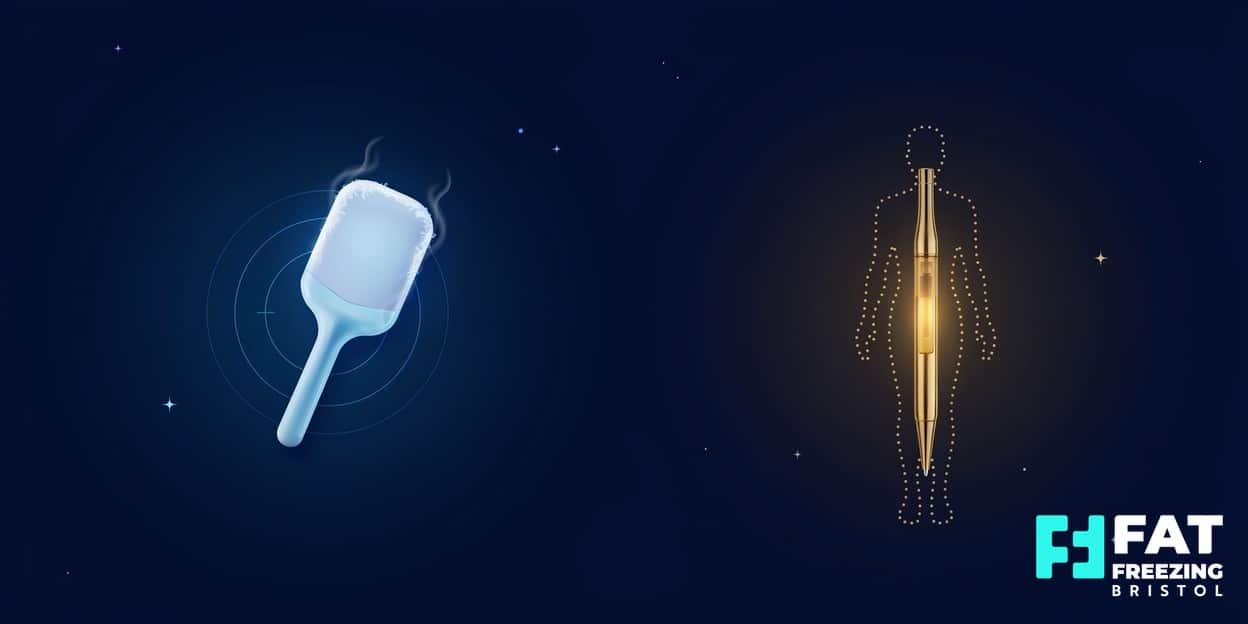 Illustration of a frosty fat-freezing applicator paddle beside a golden injector pen on a midnight-blue background, comparing localised fat freezing with whole-body weight loss — Fat Freezing Bristol