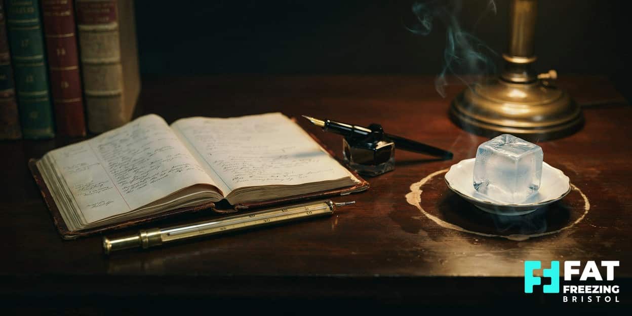 A vintage medical research desk with an antique clinical journal, brass thermometer and a frosted block of ice, evoking early observations about cold and fat that led to cryolipolysis