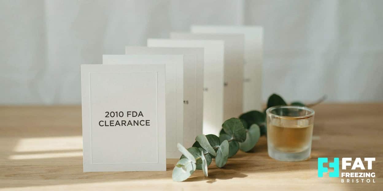 A museum-style timeline of clinical milestone cards with the front card reading 2010 FDA Clearance, charting the history of fat freezing cryolipolysis from lab to the treatment now offered at our Bristol clinic
