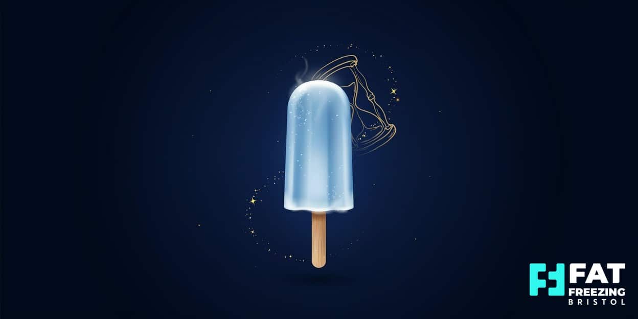 Flat-vector illustration of a glowing pale-blue ice lolly on a midnight-blue background, evoking the accidental popsicle panniculitis origins of cryolipolysis fat freezing