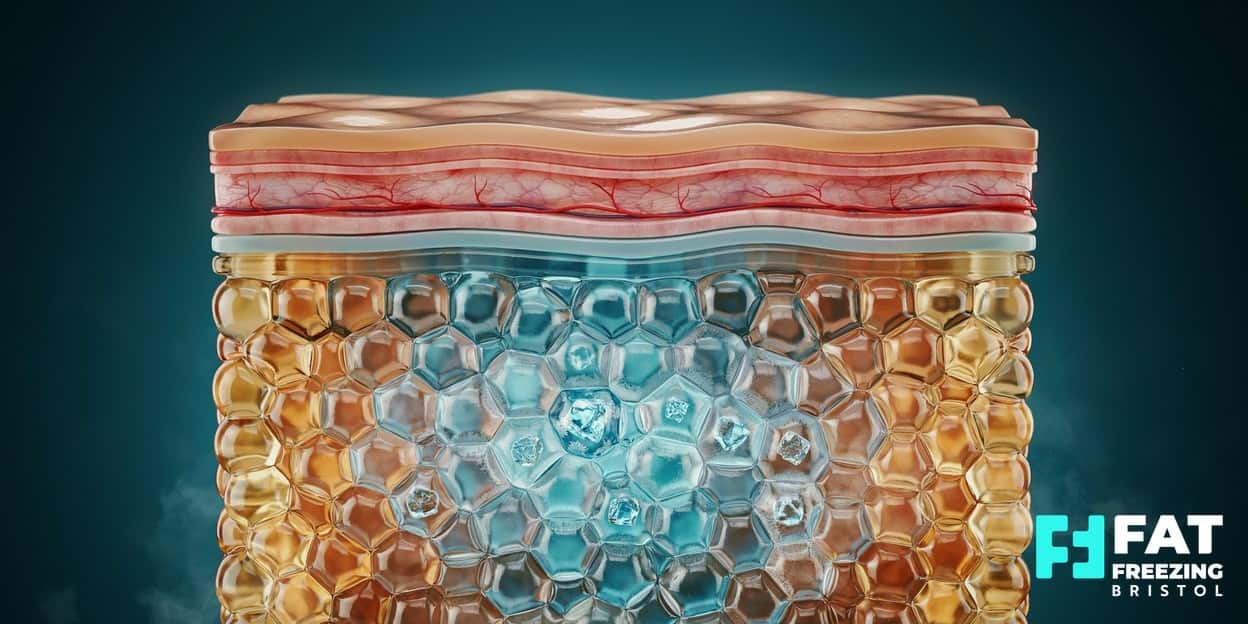 Photorealistic 3D cross-section render showing warm skin above a layer of fat cells turning frosty blue during selective cooling, illustrating how cryolipolysis targets fat