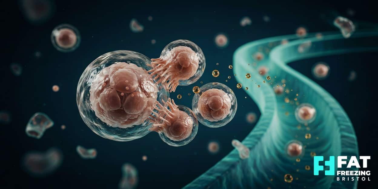 Photorealistic 3D render of macrophages engulfing a shrunken fat cell as gold lipid droplets drain along a glowing lymphatic channel, showing how the body clears fat after cryolipolysis