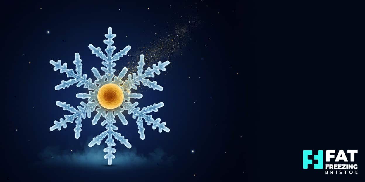 Illustration of a frosty snowflake cradling a glowing golden fat cell dissolving into particles, capturing how cryolipolysis works at a fat freezing clinic in Bristol