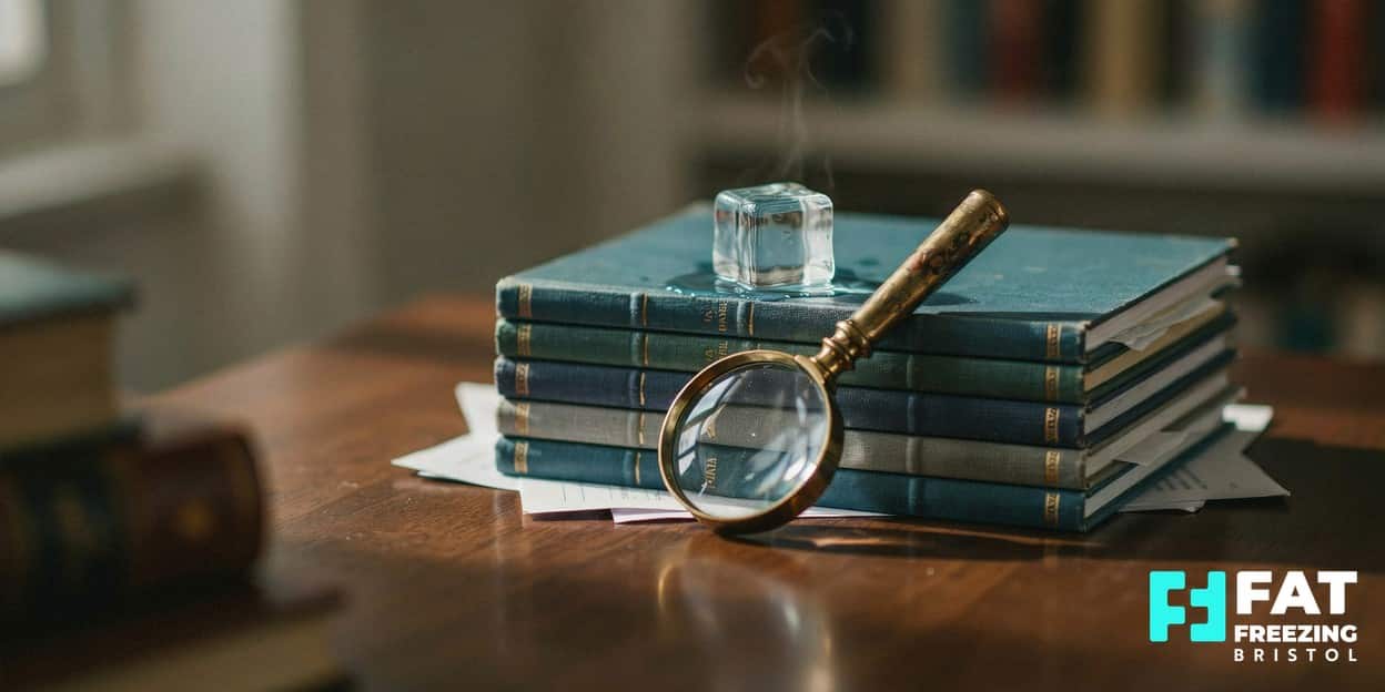A still-life of stacked peer-reviewed medical journals with a magnifying glass and a small ice cube, representing the deep evidence base behind fat freezing