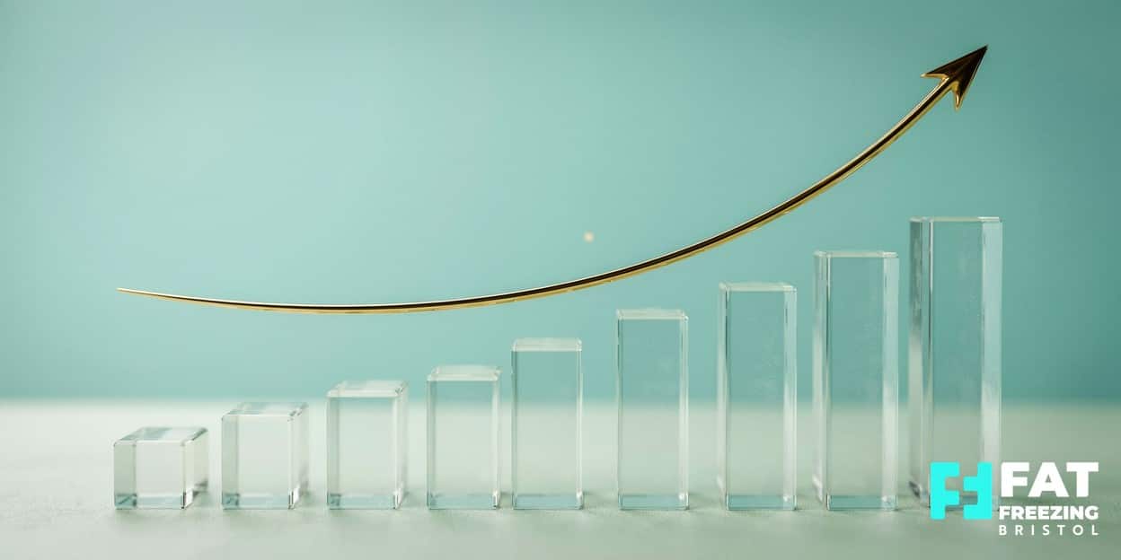 A still-life of rising frosted-glass bars and a golden upward arrow on a clean surface, illustrating the sustained growth of the cryolipolysis fat freezing market