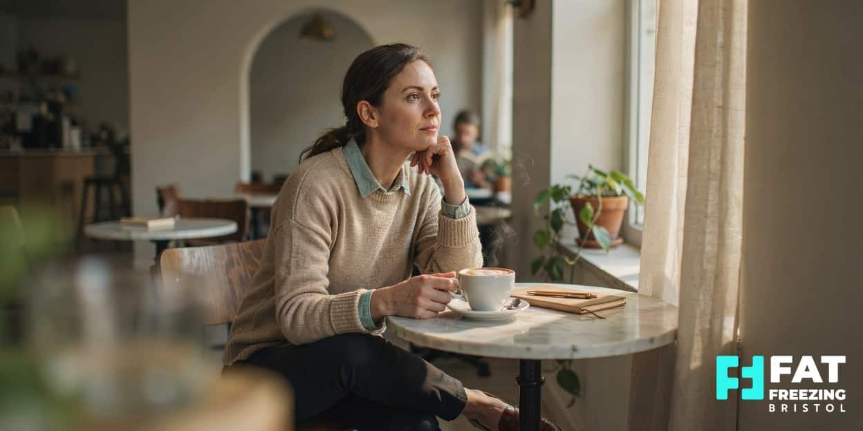 A thoughtful person at a sunlit cafe table weighing a decision, representing honest scrutiny of whether fat freezing is a passing fad or an established treatment offered at our Bristol clinic
