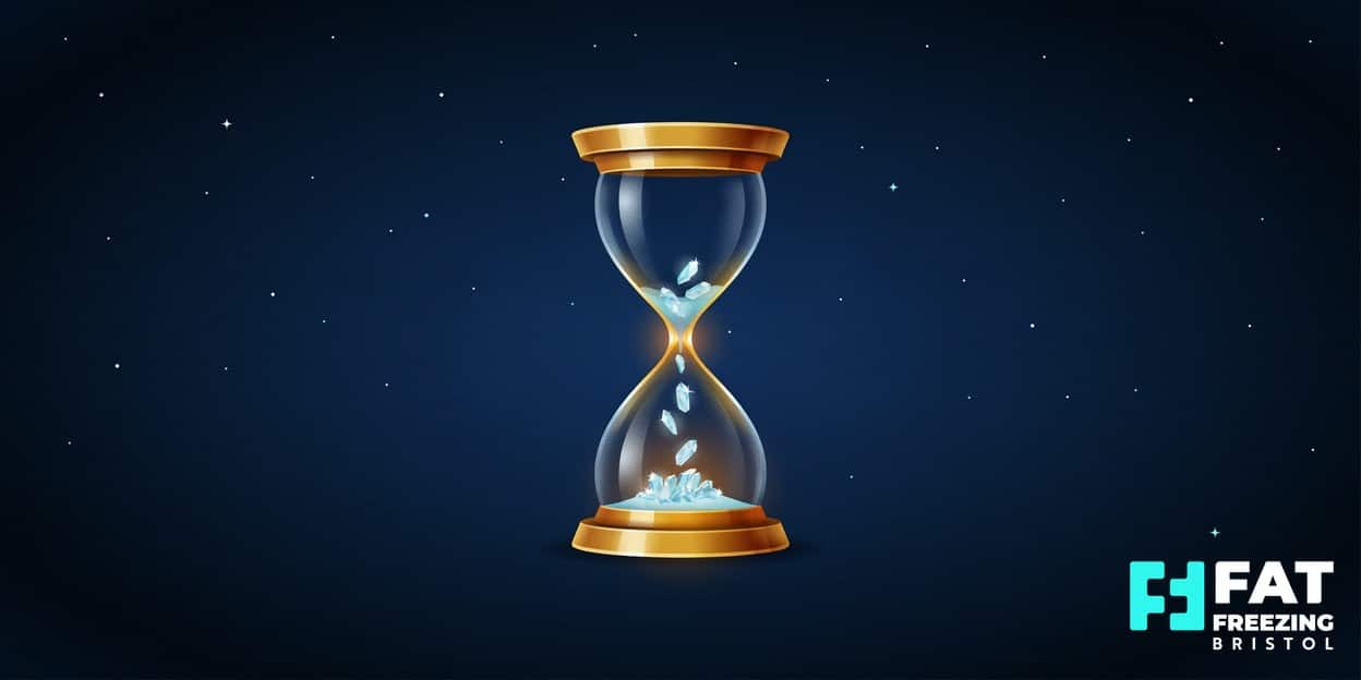Illustrated golden hourglass with falling ice crystals instead of sand on a midnight-blue background, symbolising cryolipolysis fat freezing as a time-tested, enduring treatment