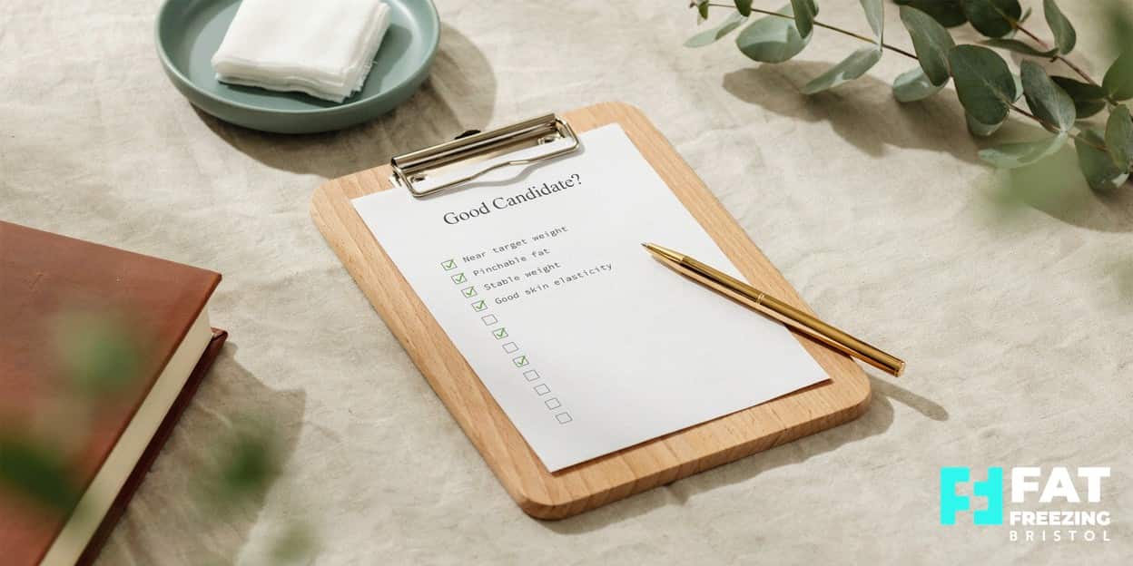 A printed candidacy checklist on a clipboard headed ‘Good Candidate?’ with ticked criteria including near target weight and pinchable fat, illustrating who suits fat freezing
