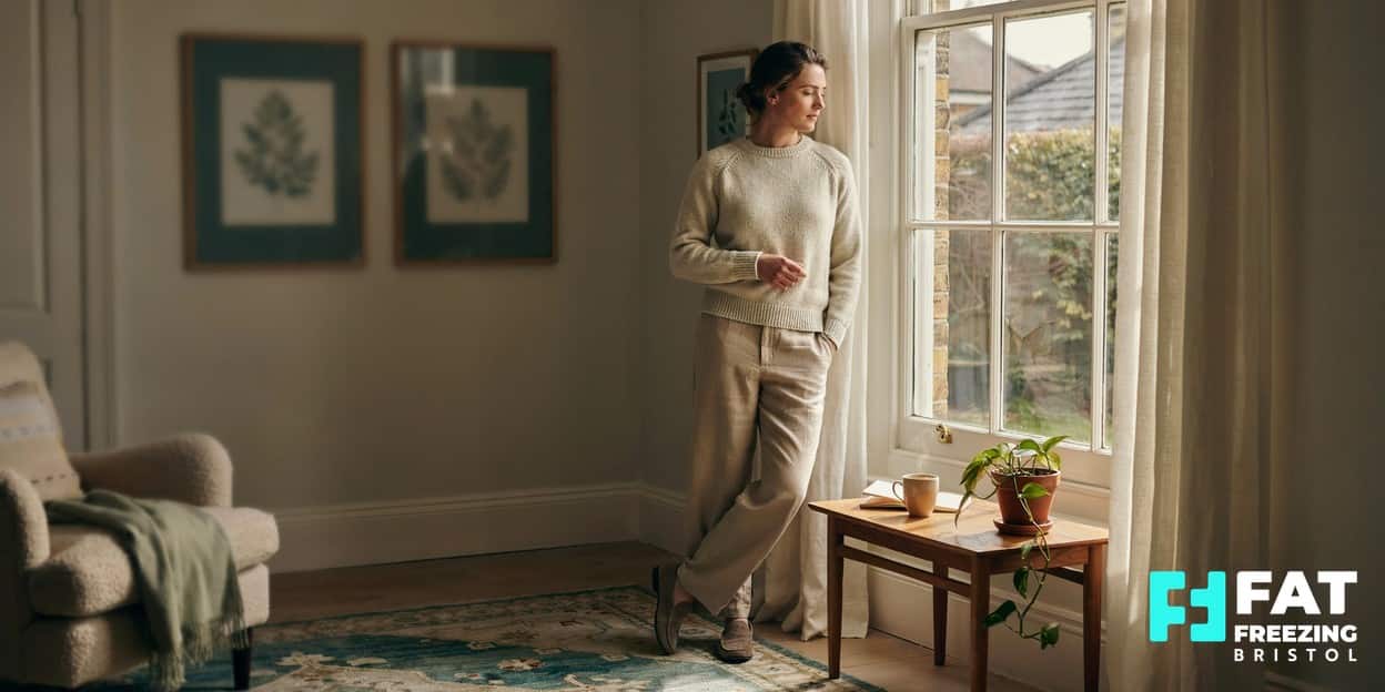 A thoughtful person by a sunlit window resting a hand near their waist, calmly self-assessing whether fat freezing is right for them