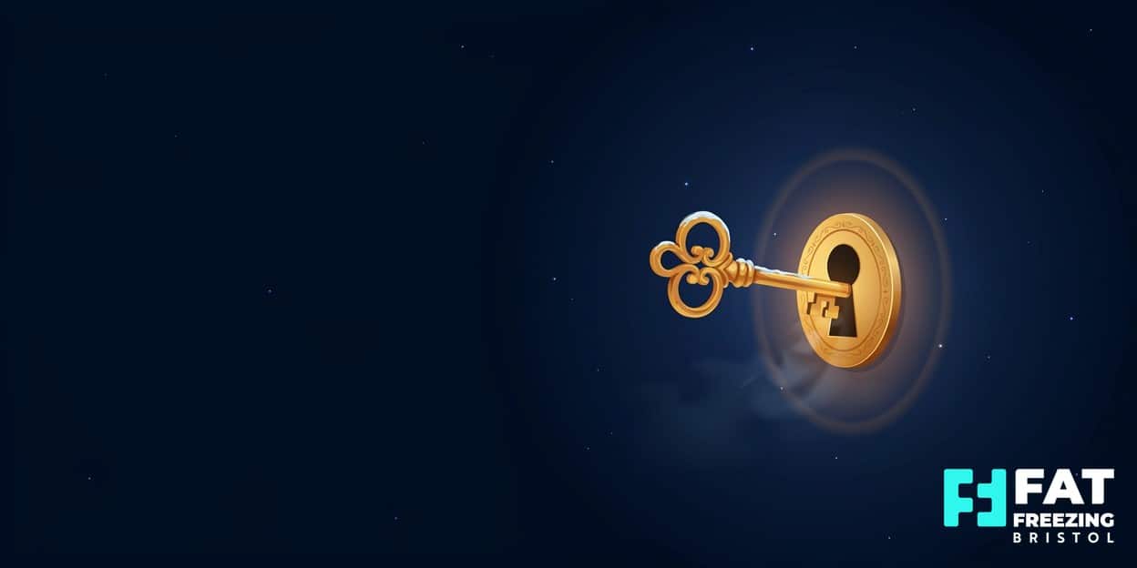 An illustrated golden key aligned to fit a glowing keyhole on a midnight-blue background, representing finding the right fat freezing candidate at a Bristol clinic