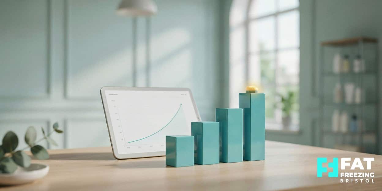 A photorealistic 3D model of rising teal bar-chart blocks with a gold-topped peak on a desk, conveying the growing cryolipolysis fat freezing market