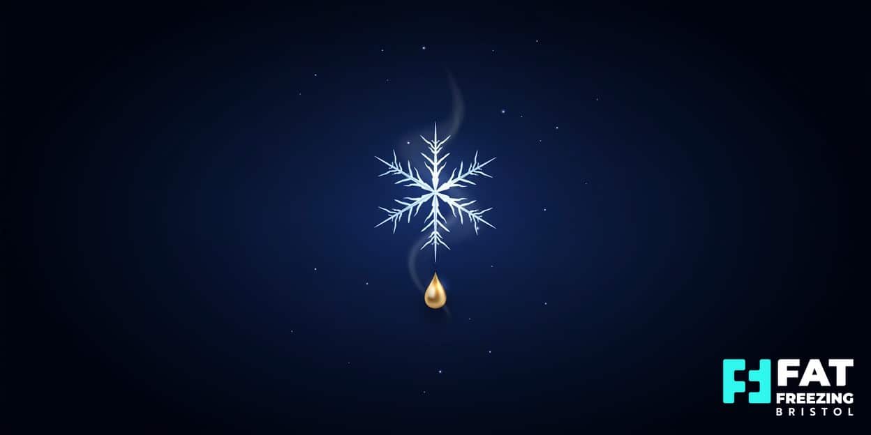 A flat-vector glowing ice crystal precisely targeting a single gold droplet on a midnight-blue background, representing the targeted precision of fat freezing in Bristol in 2026