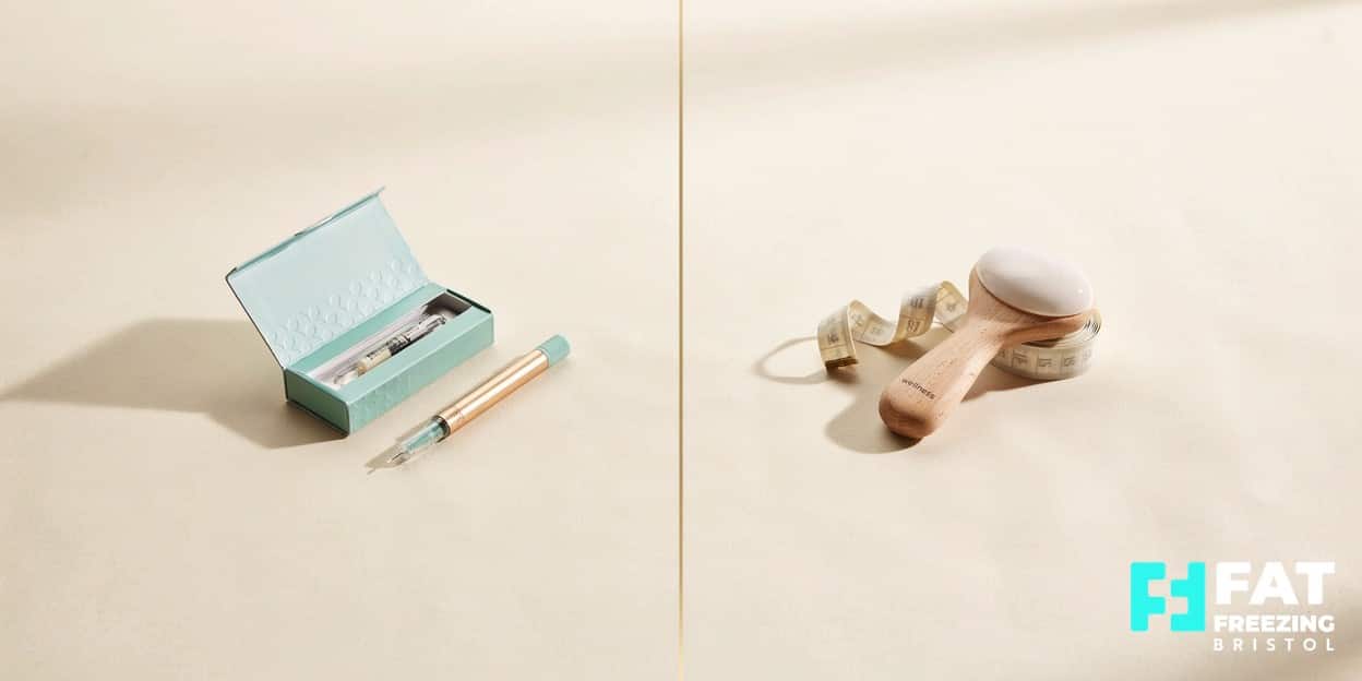 A still life separating a medicine box and injector pen from a fat-freezing cooling applicator and tape measure by a gold divider line, showing two distinct fat reduction categories